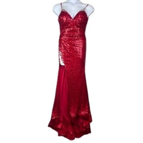 Rachel Allan Red Sequin Floor Length Gown Lace-up Back Dress Size 00 NWT 70517 - Picture 3 of 16